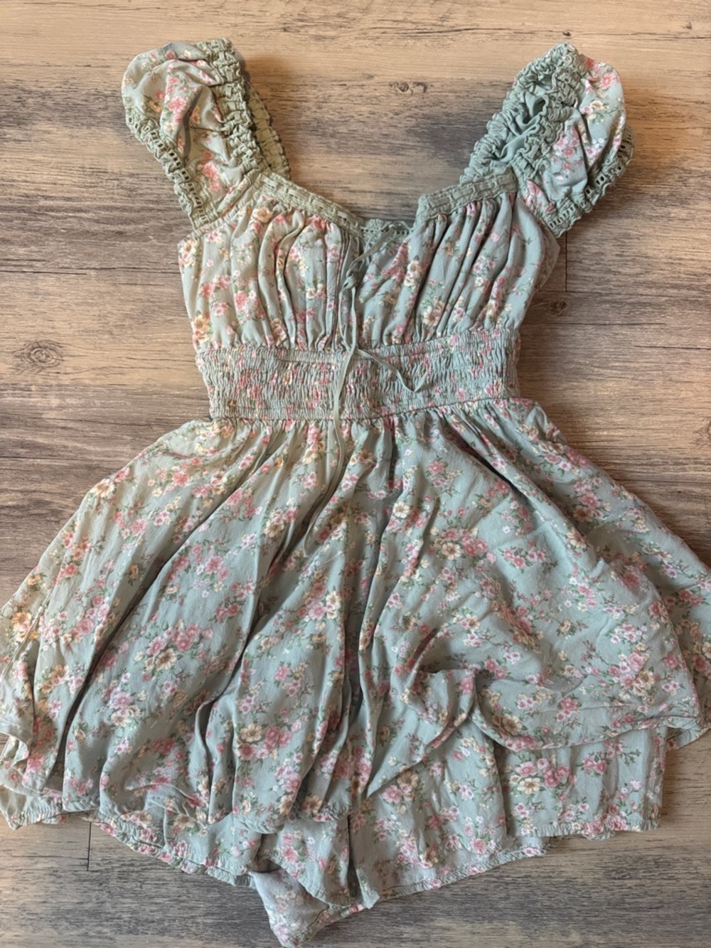 Altar'd State Sage Green Floral Romper with Pink Blossoms